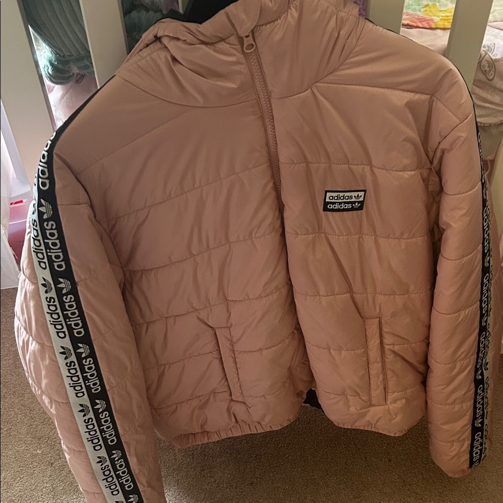 Adidas Light Pink Quilted Jacket with Logo Tape